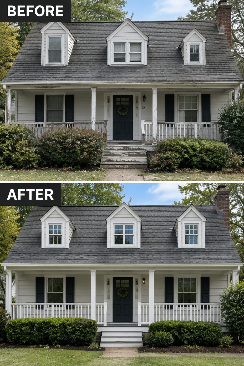 Before and after views of renovated white two-story house with porch and dormers.