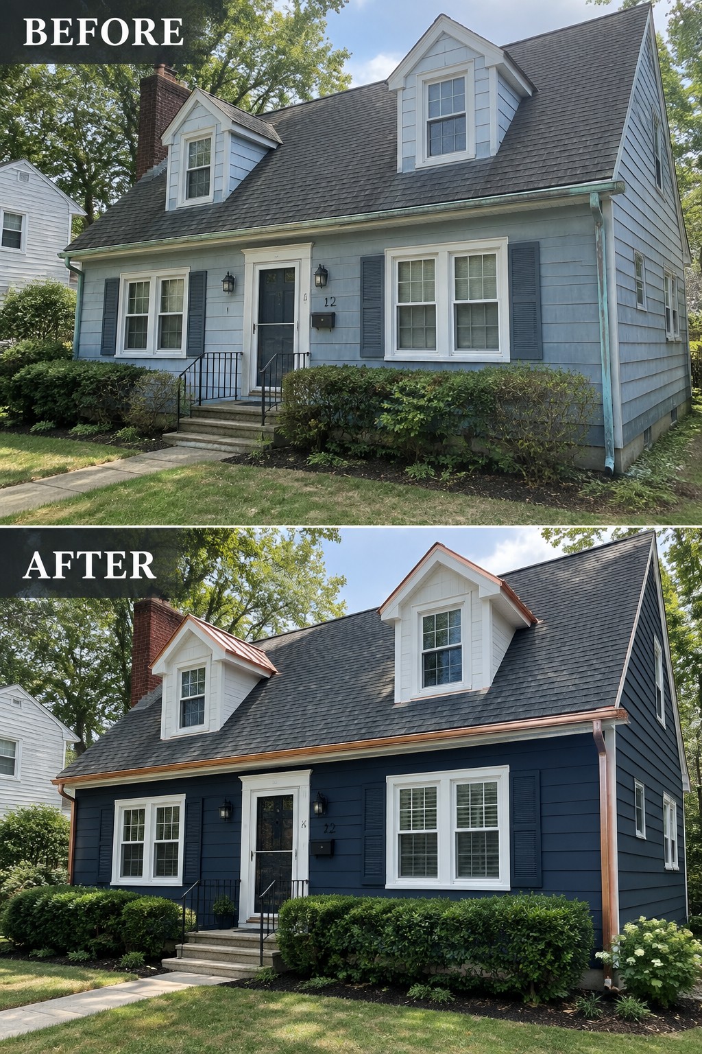 Before-and-after house exterior: light blue siding repainted dark blue with copper trim accents