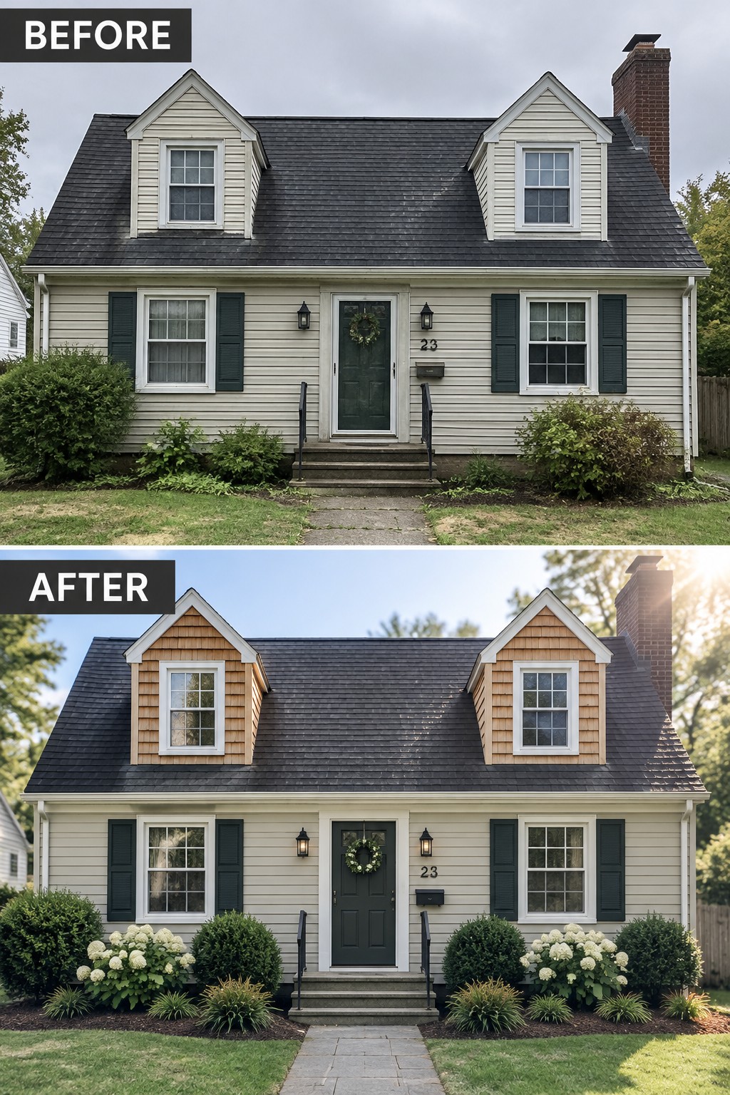 Before-and-after image of a Cape Cod house with dormers updated from matching siding to cedar shake and front landscaping refreshed with new plants and mulch.