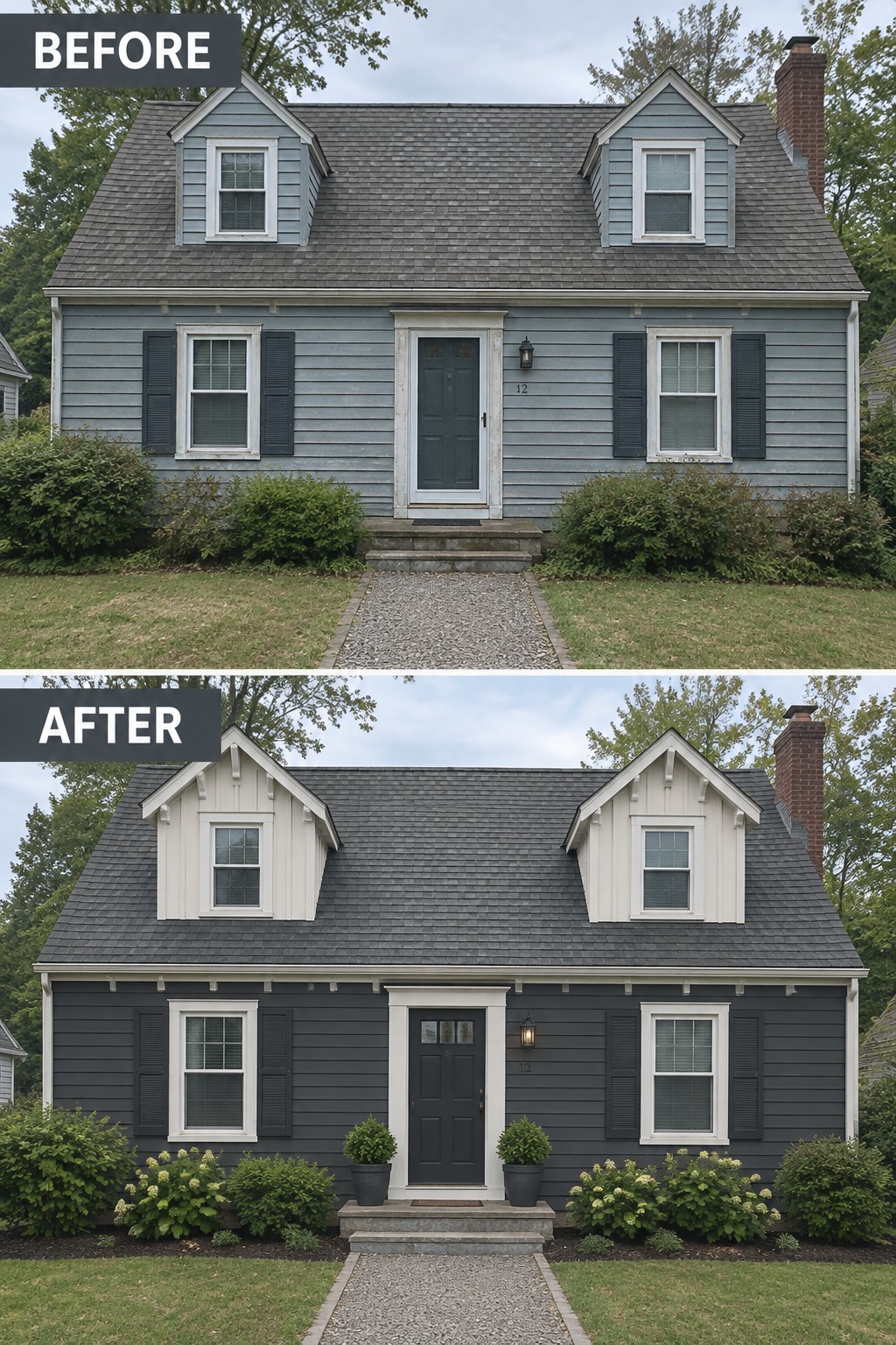 Before-and-after house exterior: light blue siding repainted dark gray with new landscaping.