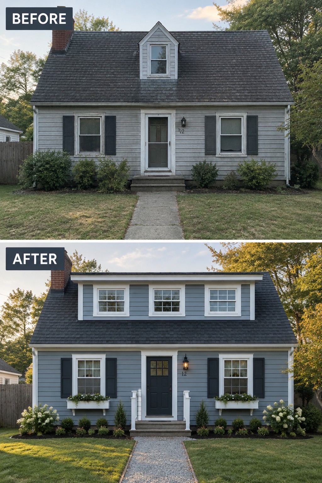 Before-and-after house exterior: gray siding to blue with new windows, shutters, and landscaping.
