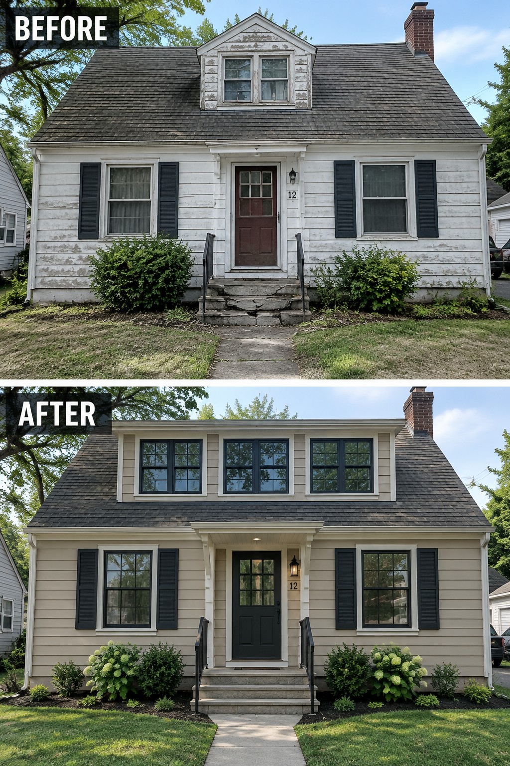 Before-and-after image of a Cape Cod house showing a small weathered dormer replaced by a wider dormer with three windows, new siding color, and updated trim and door.