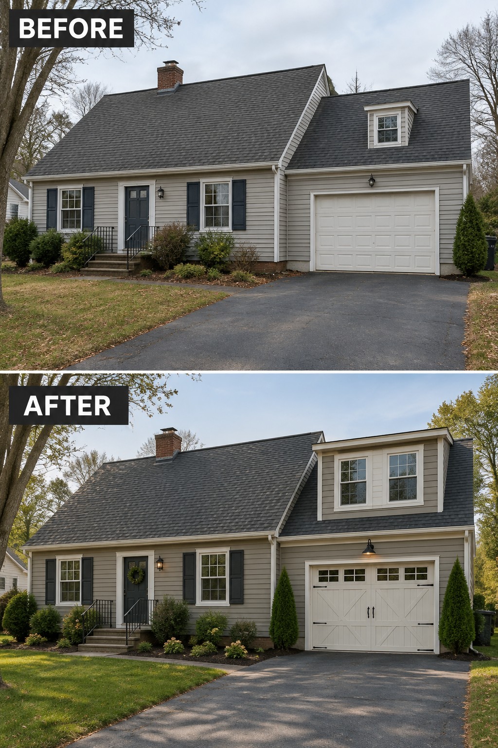 Before-and-after image of a Cape Cod home with a plain garage door replaced by a traditional carriage style door and an enlarged dormer with additional windows.