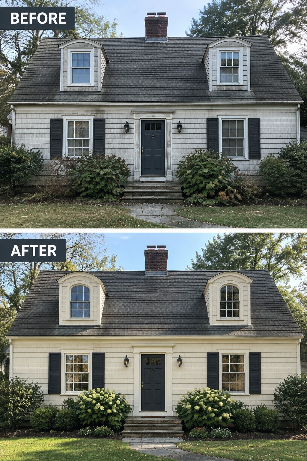 Before and after of a two-story house with fresh yellow paint and landscaping.
